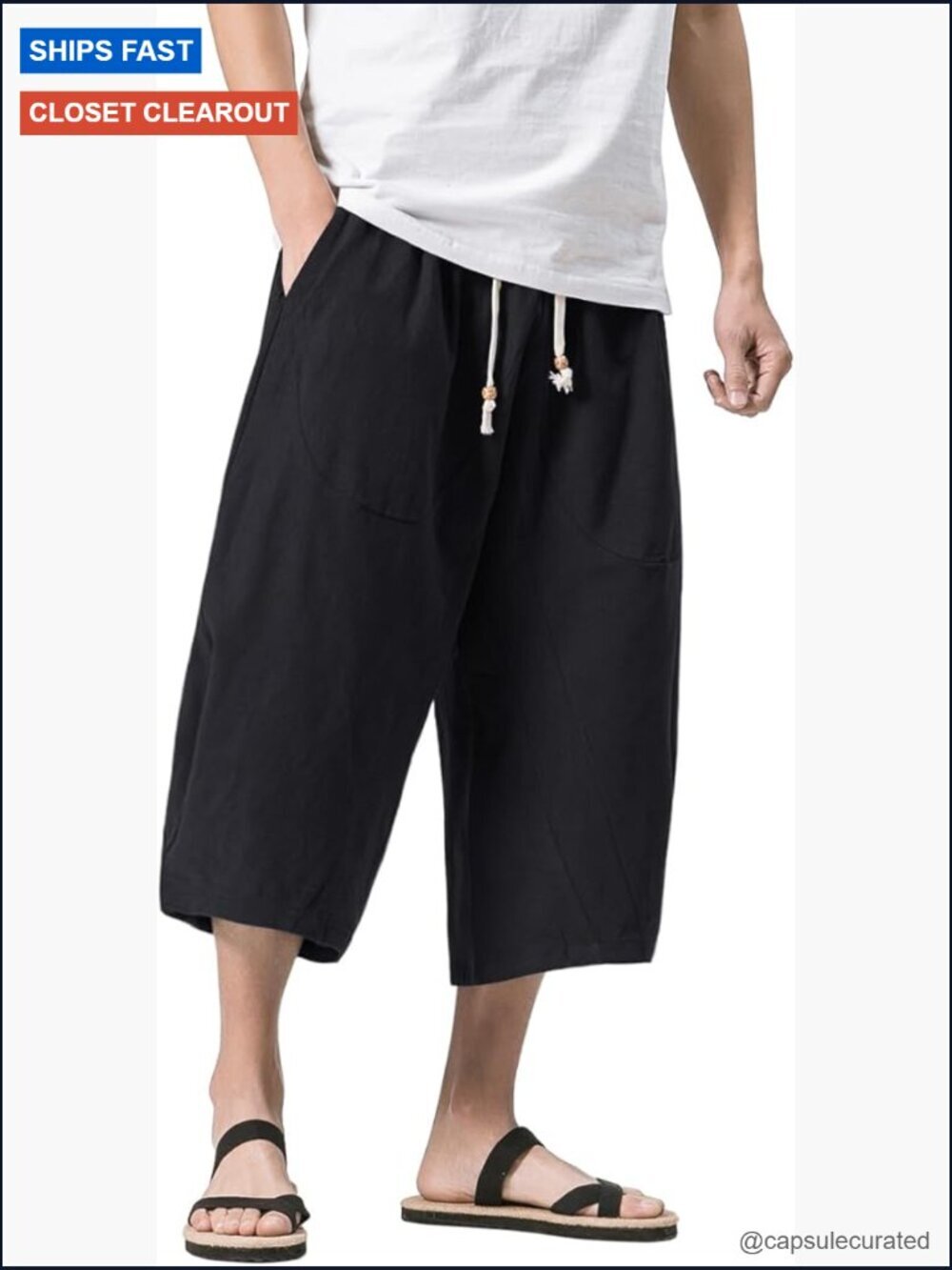 Men's Cotton Capri Pants Loose Fit Elastic Waist Drawstring Wide Leg Harem Pants